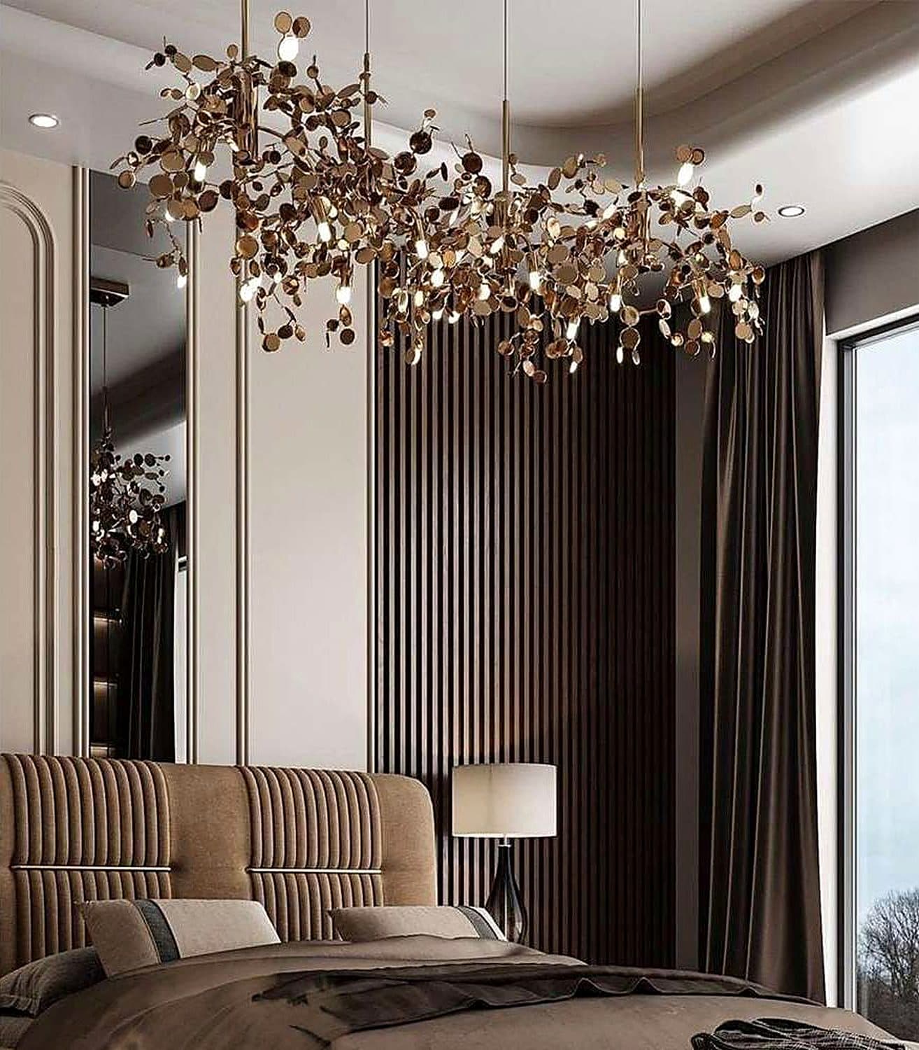 Bedroom with upholstered headboard and drapes by Liwara