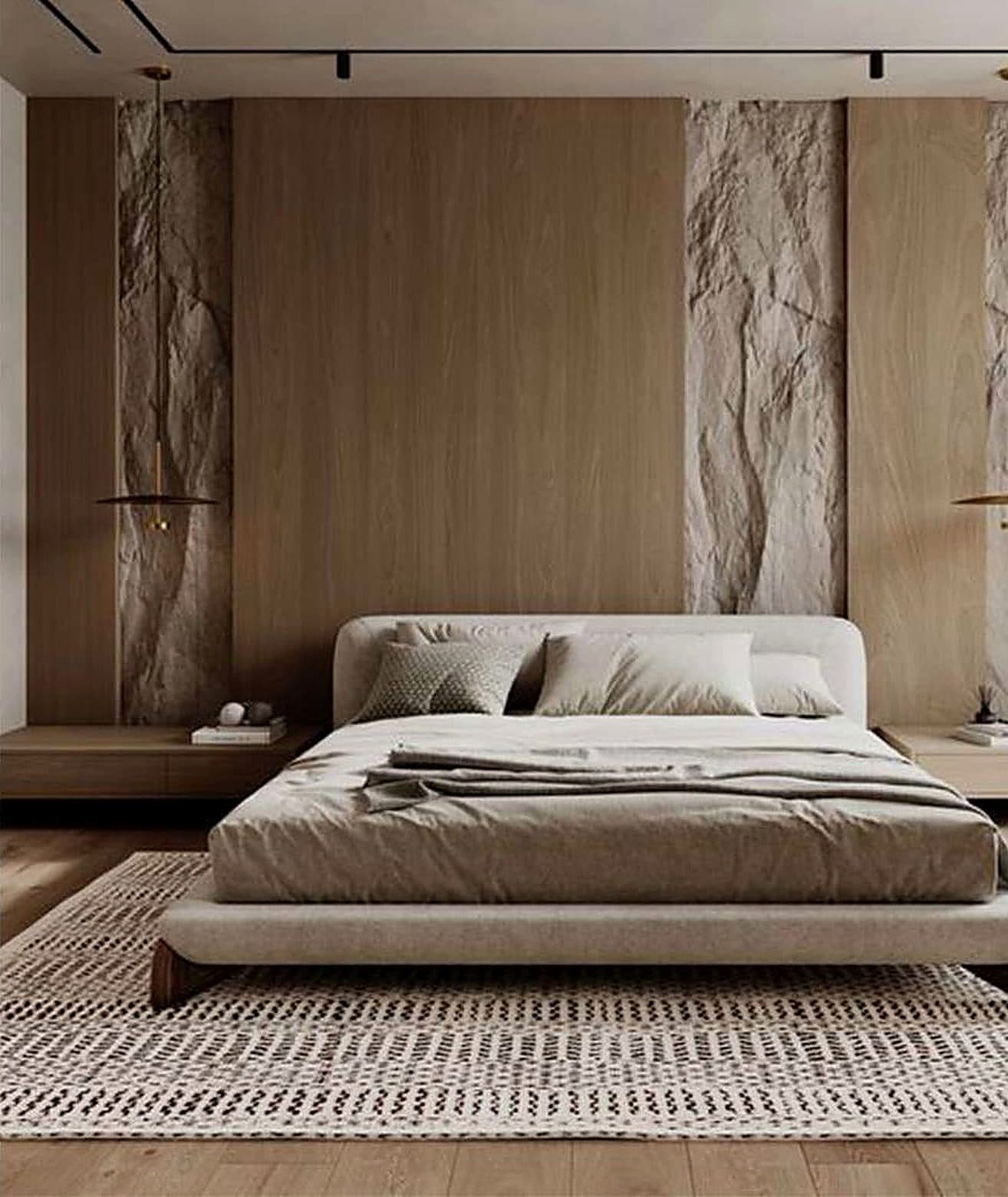Bedroom with stone paneling and custom bed