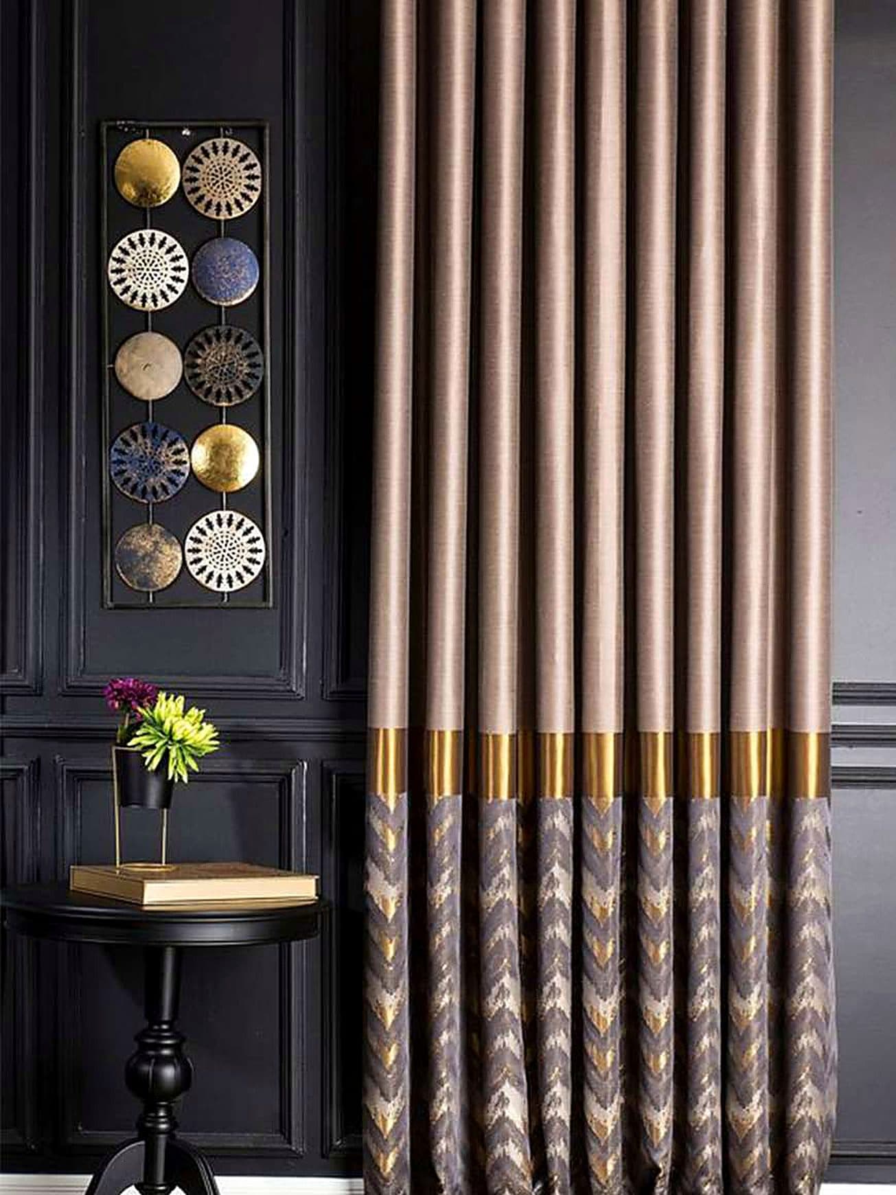 Tailored beige curtains with patterned trim